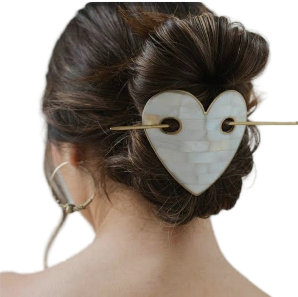 Mother-of-Pearl Shell Handmade Chitra Heart Hair Slide Brass Stick Accessory NWT